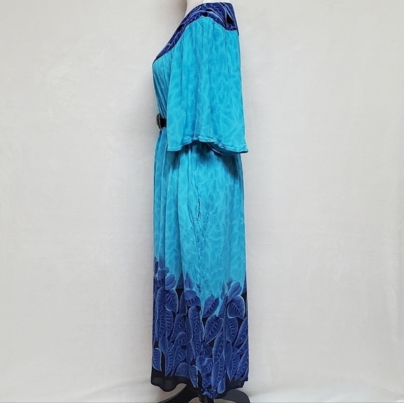 VINTAGE Aqua Blue Tropical Palm Leaf Flutter Sleeve Belted Pocket Dress Mumu - Picture 8 of 15